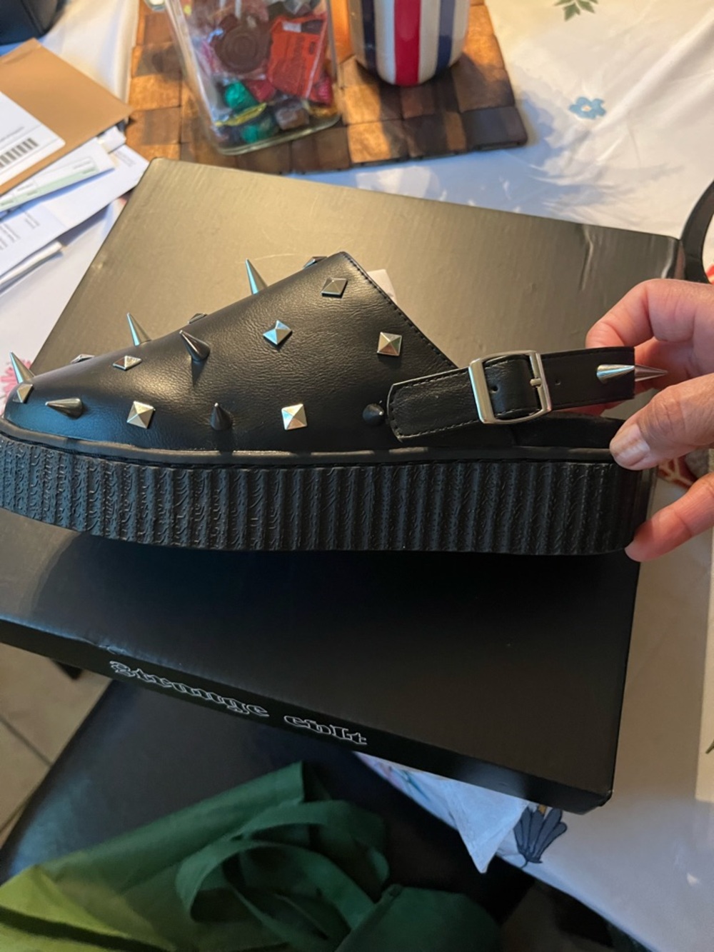 Black Studded Platform Mule with Buckle Strap